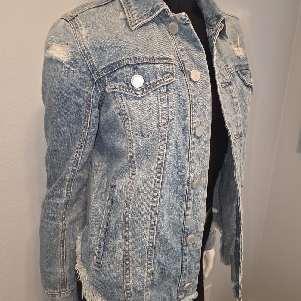 Blank NYC Blue Denim Jean Distressed Fringe Frayed Jacket XS